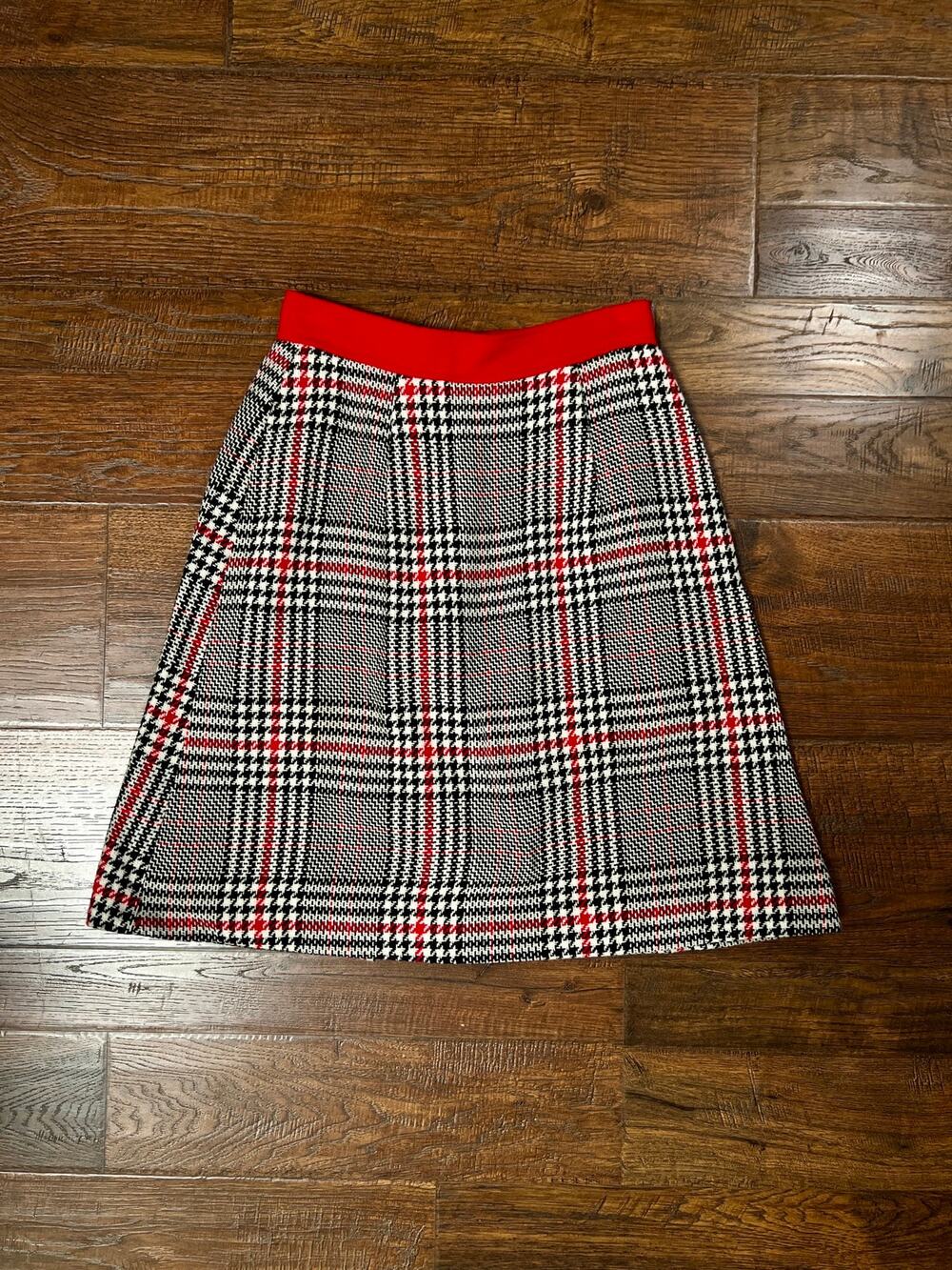 Vintage Acrylic Plaid A-Line Skirt - Red Waistband Houndstooth - Size Small